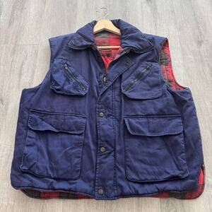 Reversible Buffalo Plaid Vest Mens XL Navy Red Canvas Quilted Workwear Pockets L